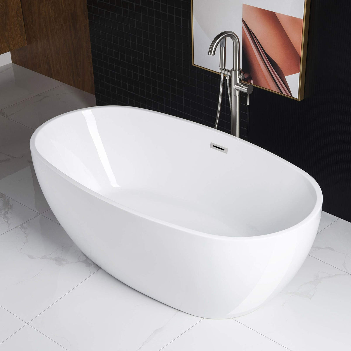 WOODBRIDGE 59"Freestanding White Acylic Soaking Bathtub with Brushed Nickel Drain and Overflow,BTA1518 -B/N-Drain &O