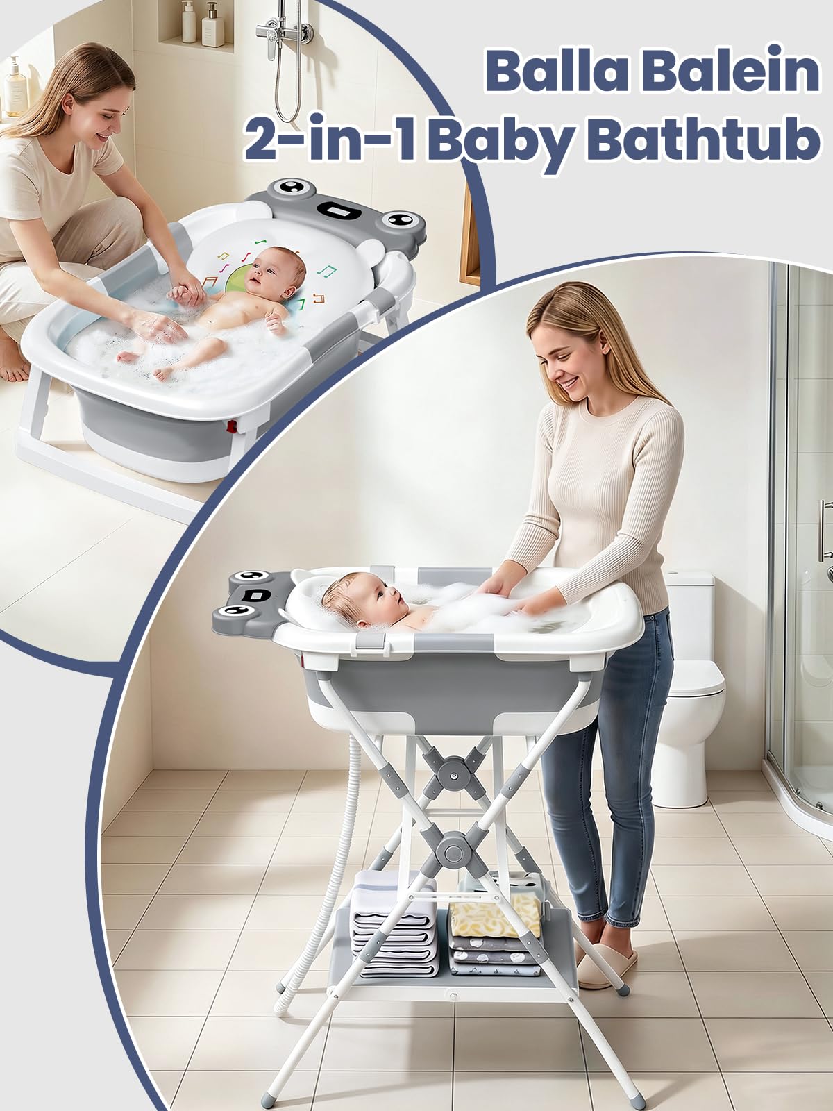 Baby Bathtub with Stand, Foldable Metal Standing Baby Bath Tub, 3-in-1 Anti-Slip Collapsible Tub with Cushion Storage Pad, Elevated Design for Newborn Toddler, Gray