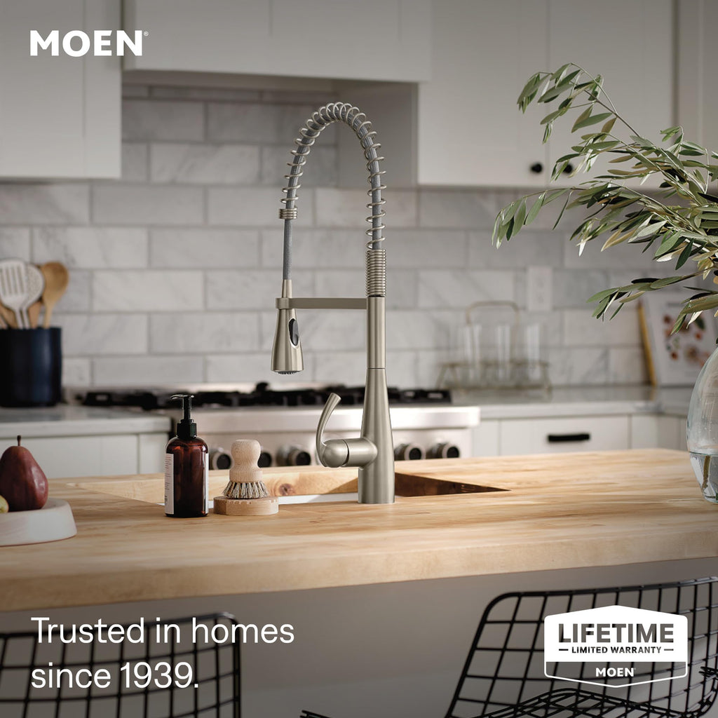 Moen Essie Spot Resist Stainless Pulldown Sprayer Kitchen Sink Faucet Set with Modern Pump Soap Dispenser, 87014SRS