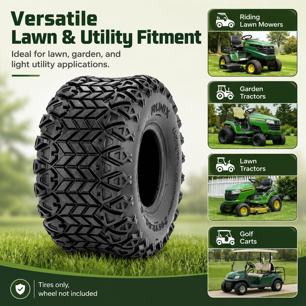 RUNIX 18X8.50-8 Tires, Premium Rubber Set of 2, Golf Cart Tires, Riding Lawn Mower Tires,Superior Traction, TURF, Tubeless, 18X8.5X8