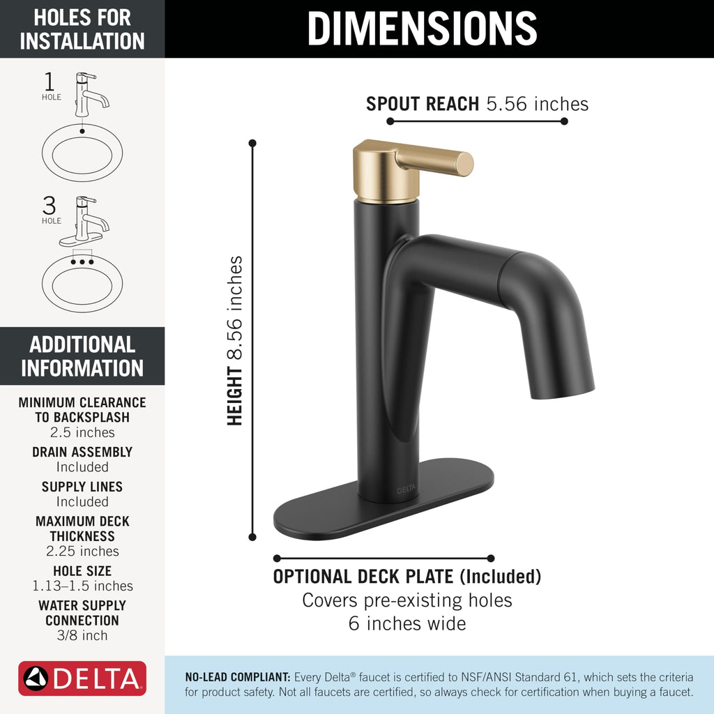 Delta Nicoli Brushed Gold Bathroom Faucet 1 Hole, Single Hole Bathroom Sink Faucet for Vanity, Push-Pop Drain Assembly, Champagne Bronze 15849LF-CZ