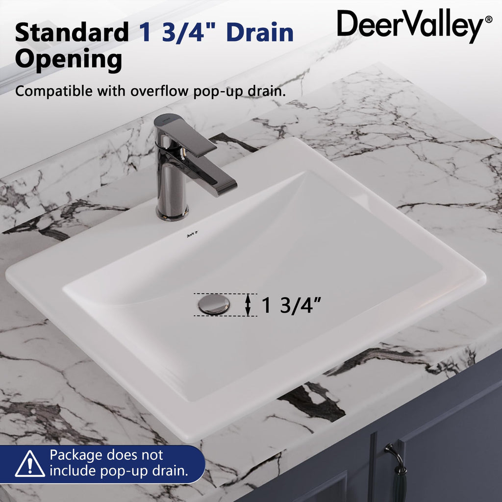 DeerValley Drop In Bathroom Sink White 21"x18" Rectangle Sleek 3-Hole Basin
