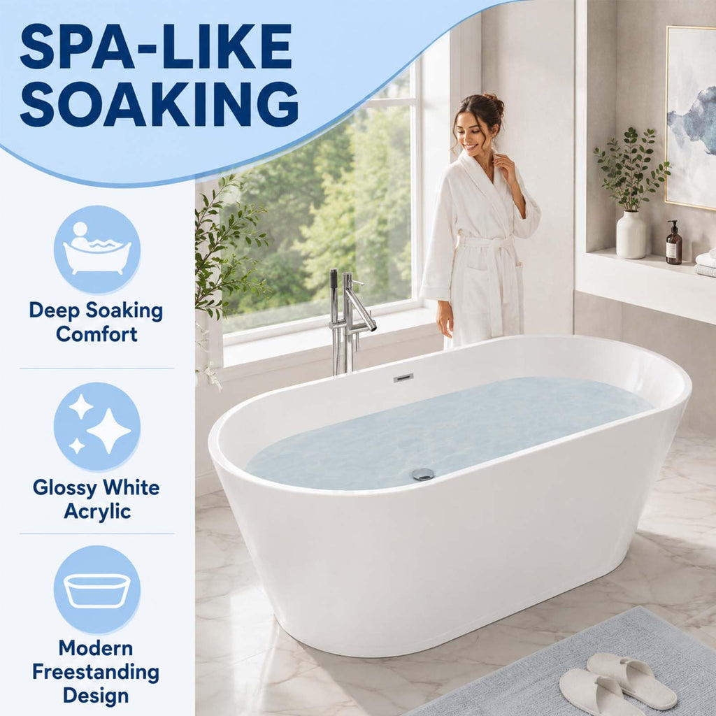 55" Oval Acrylic Free Standing Tub with 8-Layer Insulation (Gloss White)