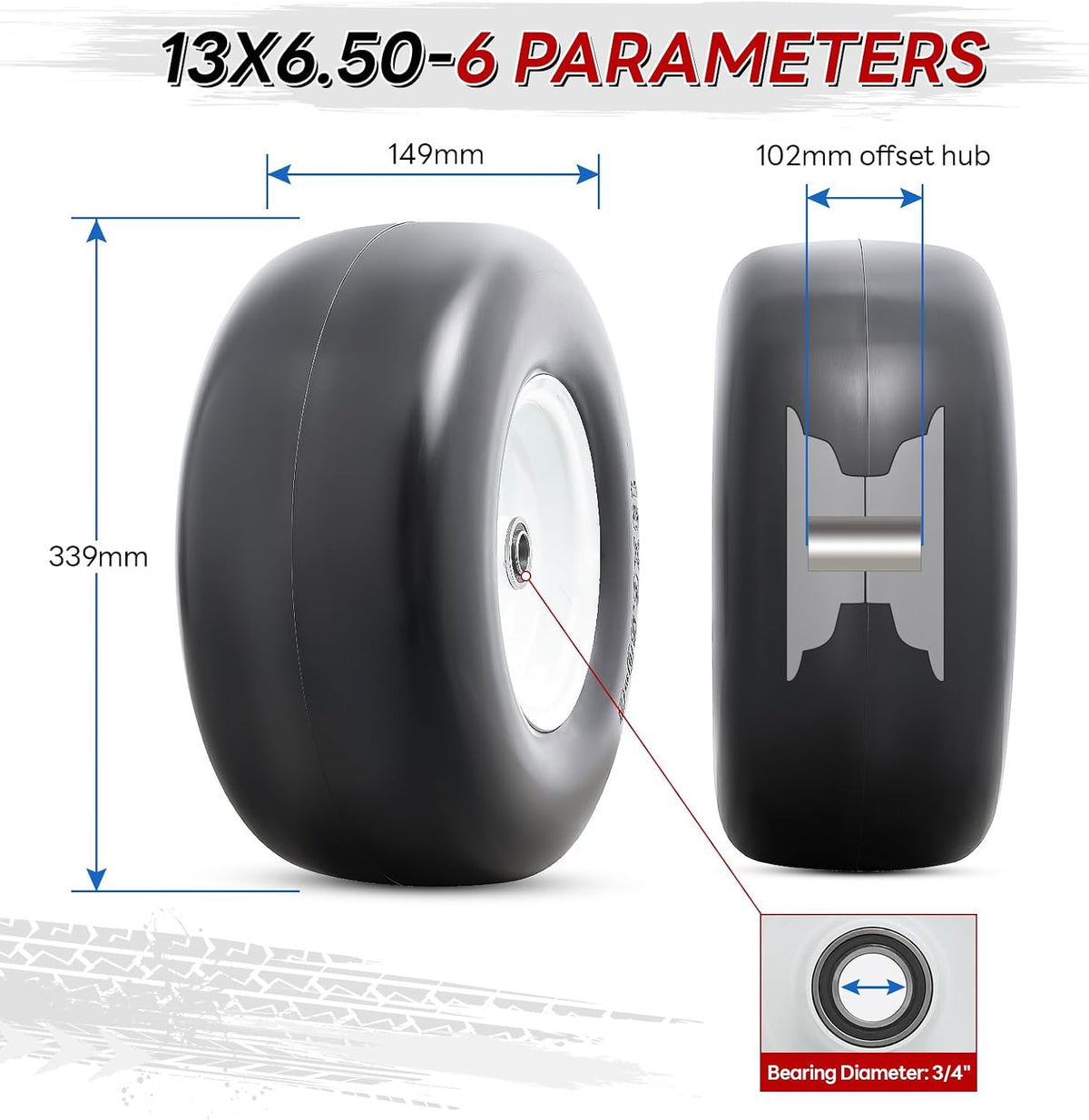 2PCS 13x6.50-6 Flat Free Lawn Mower Tires, 13" Solid Tire and Wheel