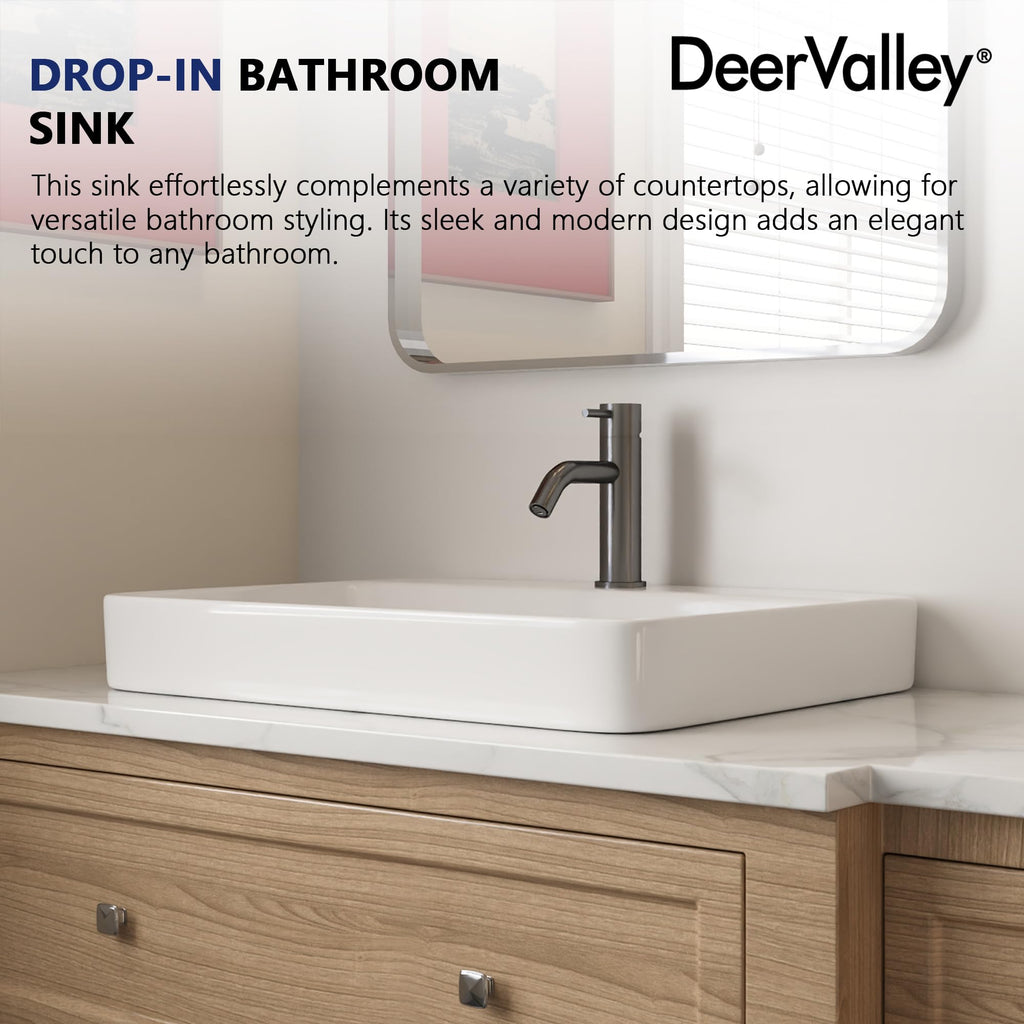 DeerValley Drop In Bathroom Sink White 21"x18" Rectangle Sleek 3-Hole Basin
