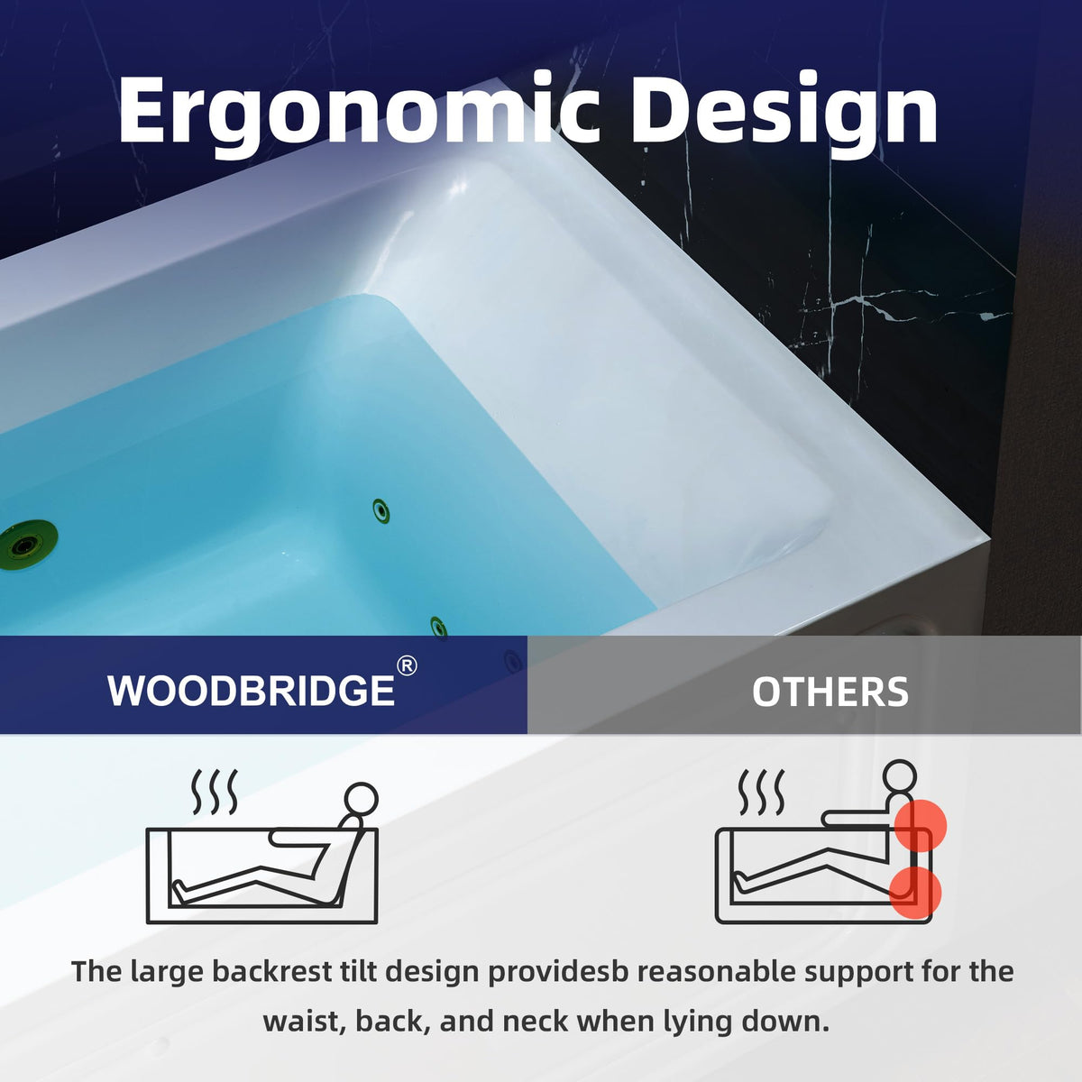 WOODBRIDGE 60" x 32" Alcove Acrylic Rectangular Whirlpool Heated Jetted Tub in White with Left Drain, Matte Black Finish, BS429-L-MB02