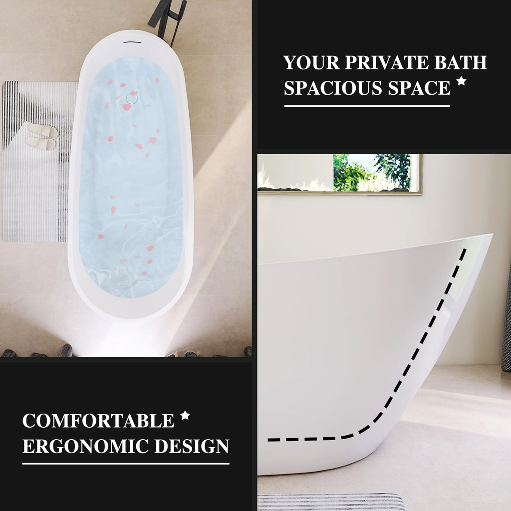 61" Freestanding Bathtubs, Acrylic Soaking Tubs for Adult, Integrated Overflow and Drain, cUPC Certified, Glossy White