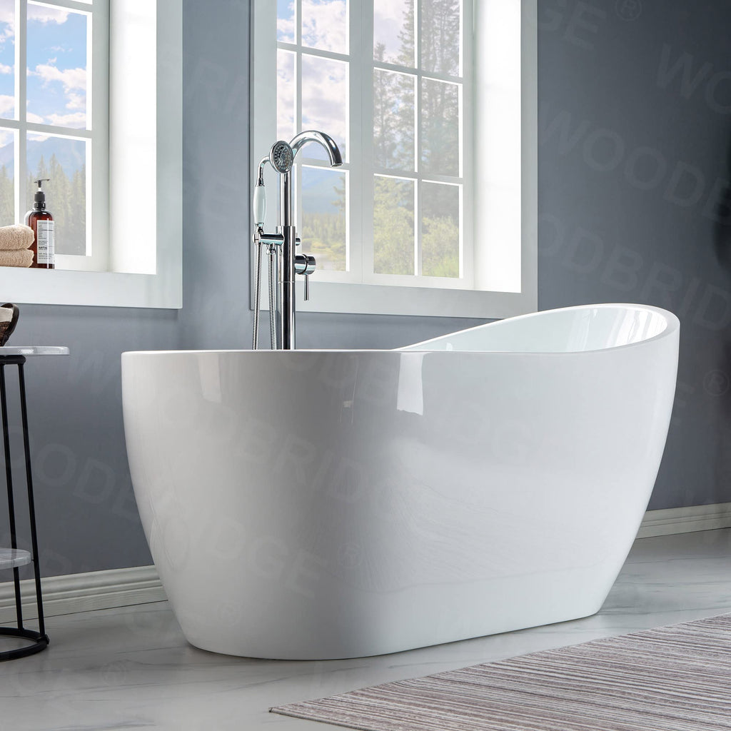 WOODBRIDGE 54" Acrylic Freestanding Bathtub Contemporary Soaking White Tub with Matte Black Overflow and Drain,B0006-MB