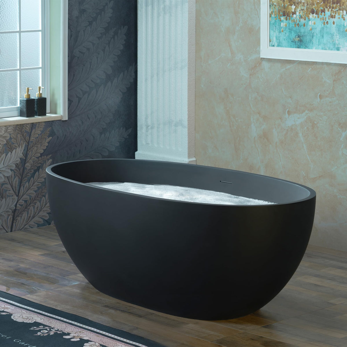 WOODBRIDGE 61" Stone Resin Freestanding Soaking Tub, Modern Oval Solid Surface Bathtub with Integrated Slotted Overflow & Drain, Matte White