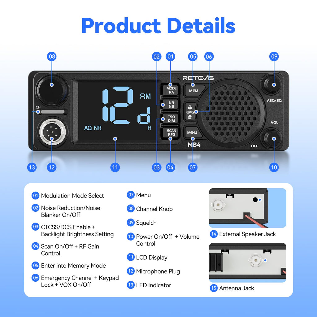 Retevis MB4 DIN Mount CB Radio kit with Antenna,External CB Speaker(1 Pack)