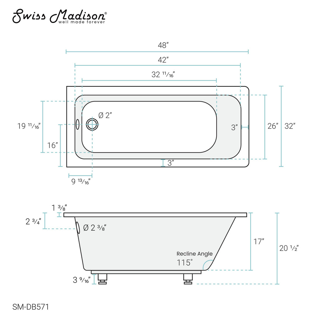 Swiss Madison Voltaire 66" x 36" Reversible Drain Drop-In Bathtub