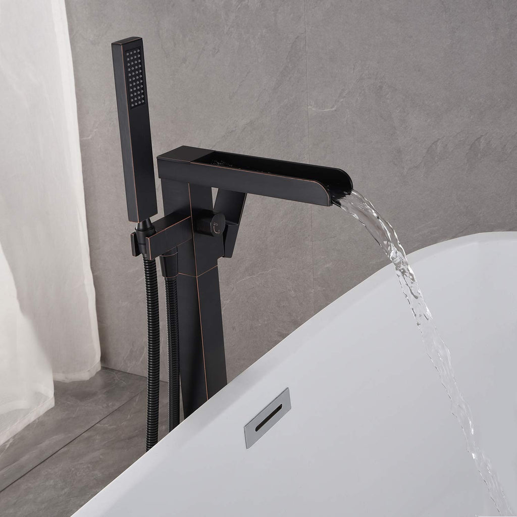 Wowkk Waterfall Tub Filler Freestanding Bathtub Faucet Black Floor Mount Brass Single Handle Bathroom Faucets with Hand Shower
