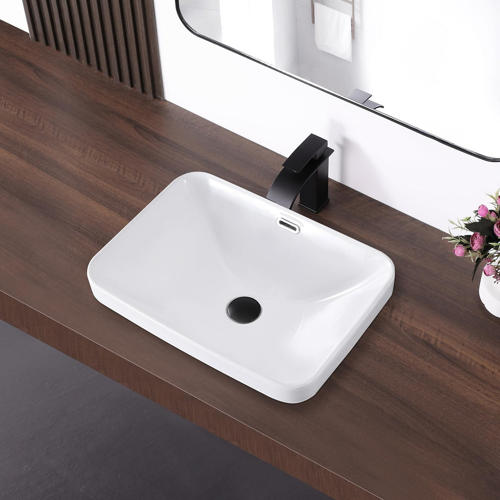 19 Inch Drop In Bathroom Vessel Sink with Overflow Rectangle White