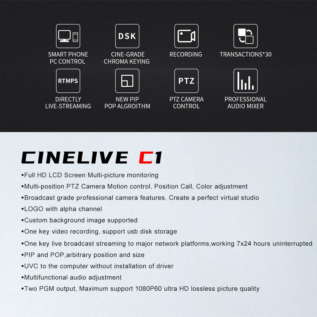CINETREAK C1 4*HDMI Video Mixer Switcher with 5inch Screen livestream Video Mixer H.264 Recorder with PTZ Camera Control Broadcast switcher Live Production Mixer for OBS,Vmix,YouTube,Ins