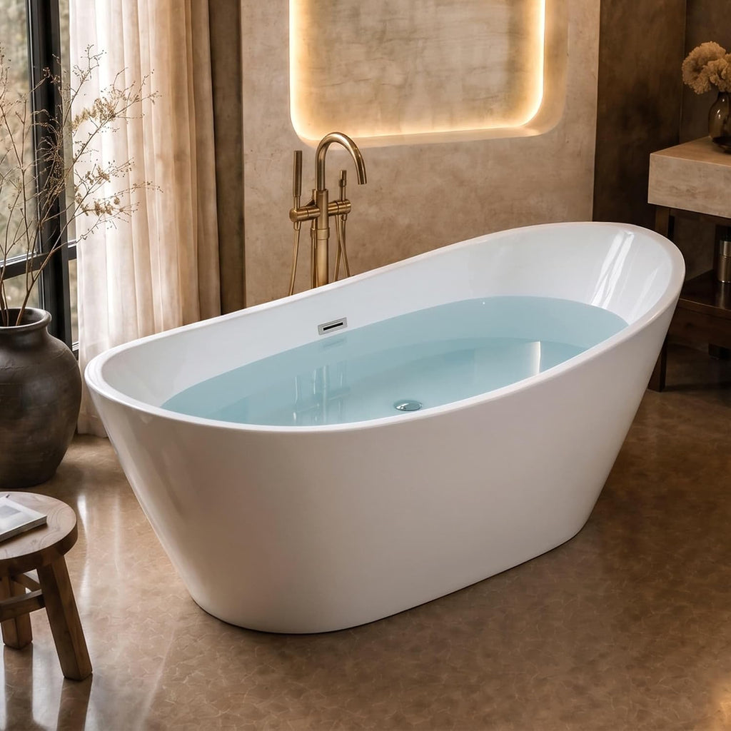 Empava 59 Inch Freestanding Bathtub, Acrylic Deep Soaking Tub, White
