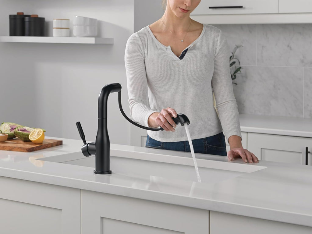 Delta Almari Matte Black Kitchen Faucet with Pull-Out Sprayer, Modern Single Hole Kitchen Sink Faucet, Single Handle, Matte Black 16943-BL-DST