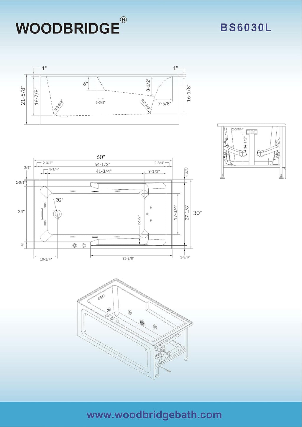 WOODBRIDGE 60" Alcove Acrylic Rectangular Whirlpool Heated Jetted Tub in White with Left Drain, Chrome pop-up Drain Included BS6030L