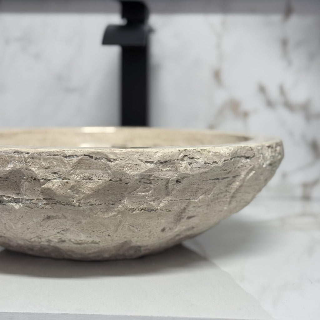 Oval Travertine Vessel Sink â Natural Stone Wash Basin, Hand-Carved Bathroom Sink with Chiseled Exterior & Polished Interior, Above Counter Vanity Basin (Includes Matching Soap Tray)