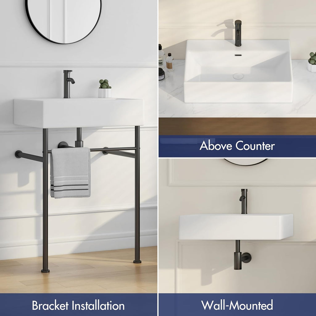 Eridanus 24"x16" Console Bathroom Sink, Free Standing 30 Inch Stainless Steel Support Pedestal Legs, Wall Mount White Vessel Ceramic Vanity Basin, Modern Rectangular Sinks Porcelain, Matte Black