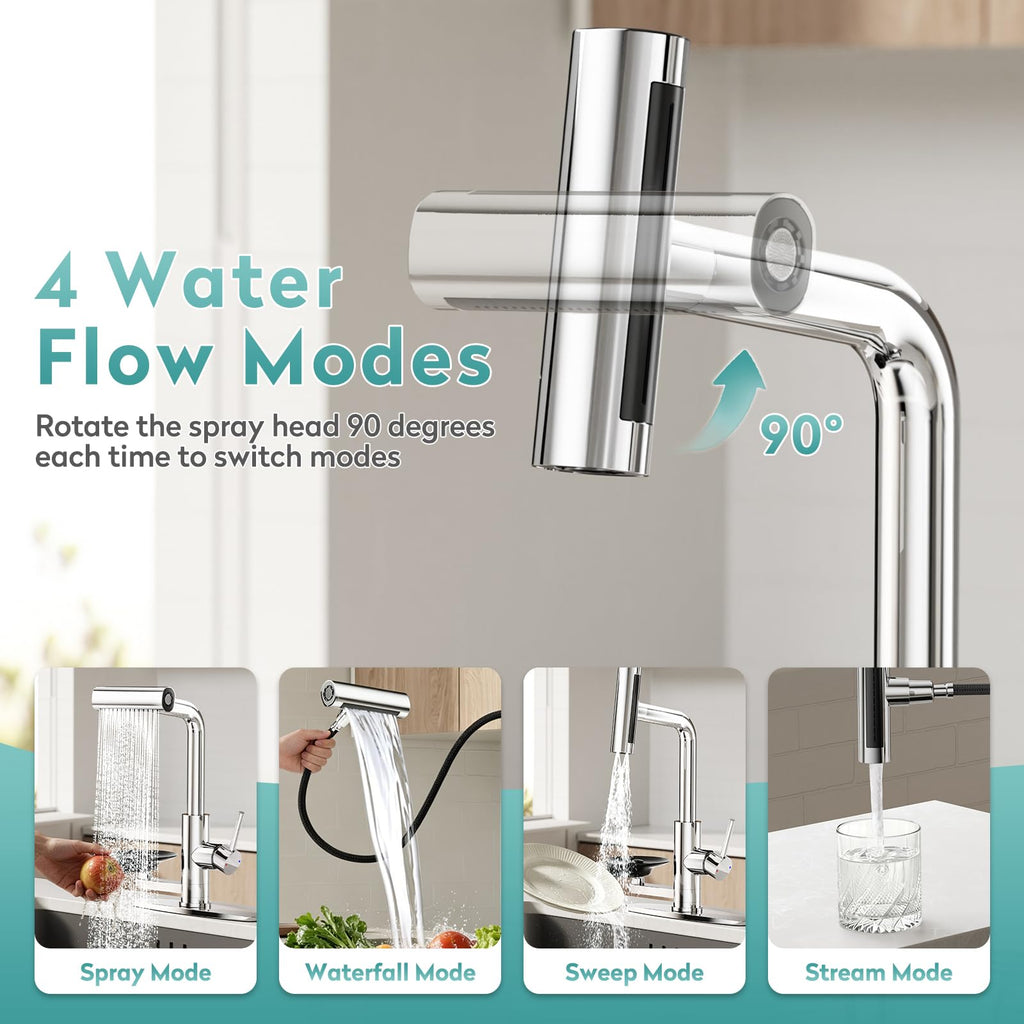 MIAOHUI Brushed Gold Kitchen Faucet with Glass Rinser, 4 Modes