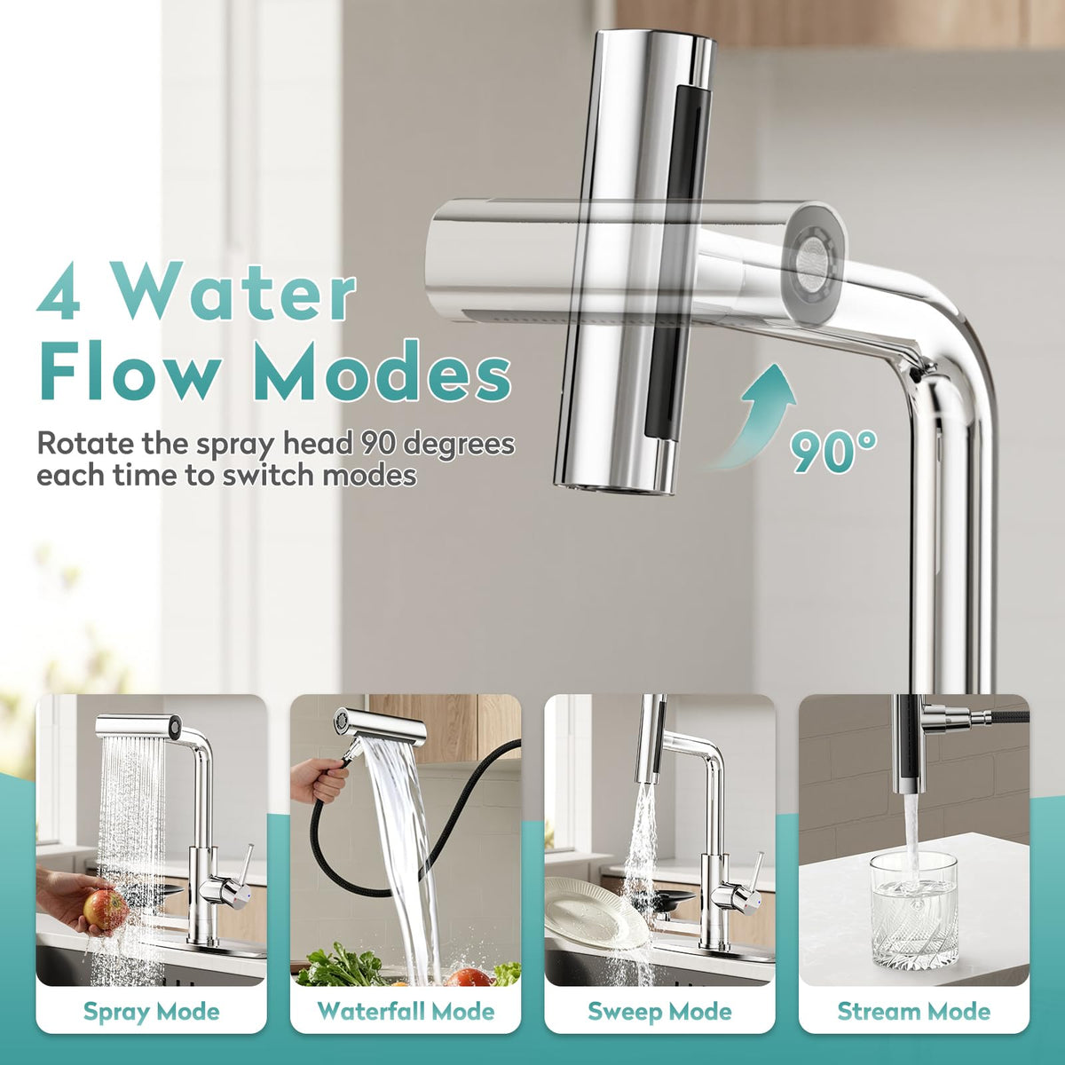 MIAOHUI Brushed Gold Kitchen Faucet with Glass Rinser, 4 Modes