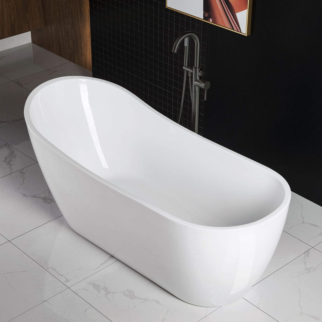 WOODBRIDGE 54"Freestanding White Acylic Soaking Bathtub with Brushed Nickel Drain and Overflow,BTA1507 -B/N-Drain &O