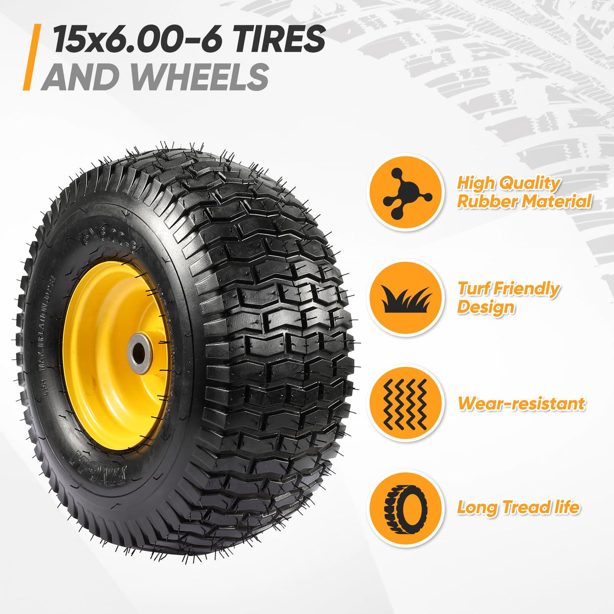 15x6.00-6 Flat Free Lawn Mower Tire and Wheel, 15x6-6 Front Tire Assembly