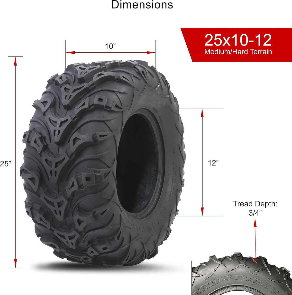 Tusk Mud Force ATV Tire Set ¨C 25x8-12 Front & 25x10-12 Rear ¨C Durable Off-Road Quad Tires Set of 4