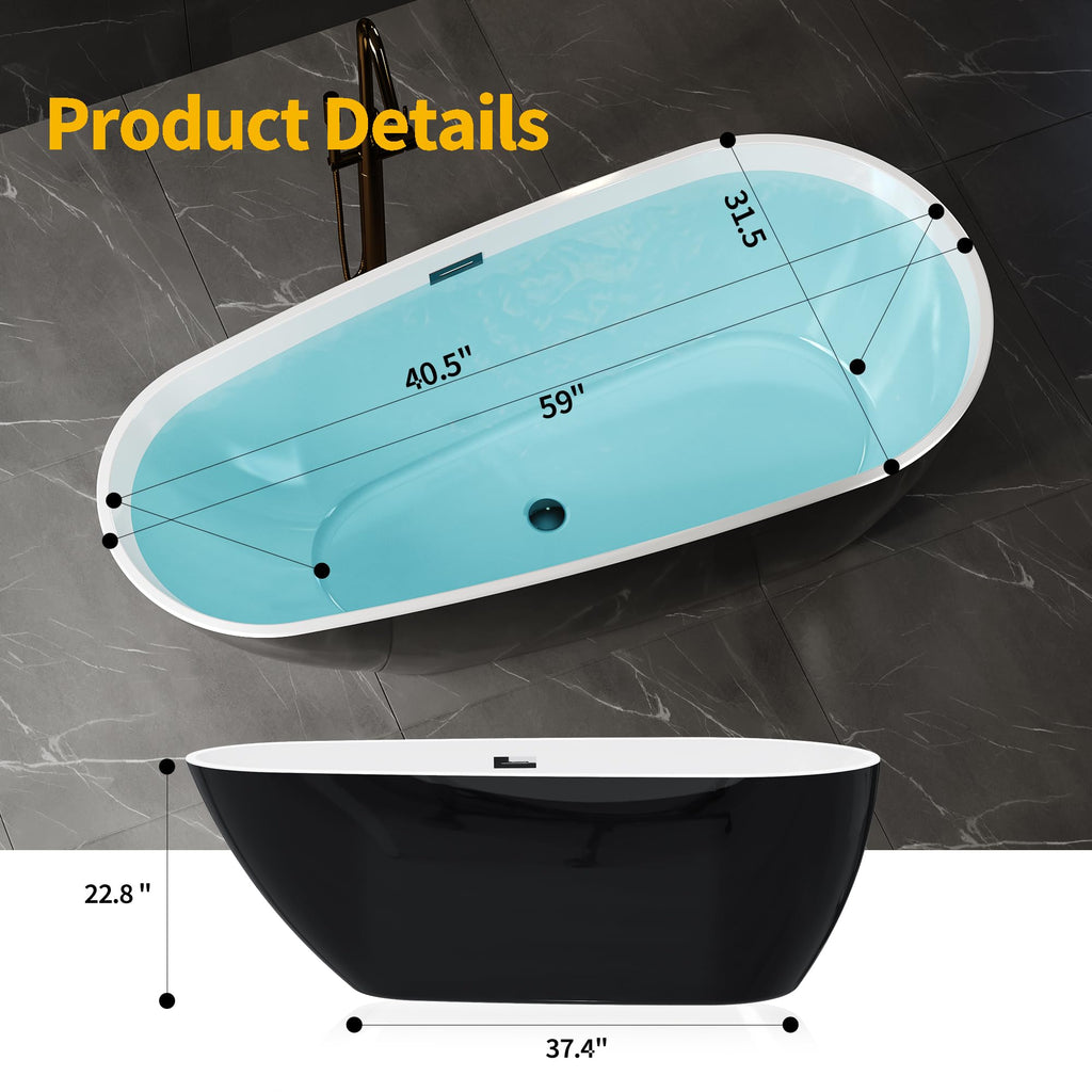 67'' Acrylic Freestanding Bathtub, Extra-Deep Soaking Free Standing Tub for Luxurious Bathing Experience, with Chrome Drain, for Main Bathroom, Black & White