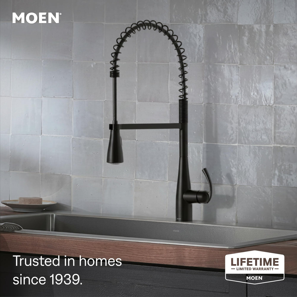 Moen Essie Spot Resist Stainless Pulldown Sprayer Kitchen Sink Faucet Set with Modern Pump Soap Dispenser, 87014SRS