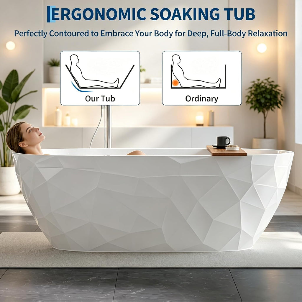 59" Acrylic Freestanding Bathtub, Contemporary Stand Alone Soaking Tub with Ergonomic Design, Integrated Overflow and Chrome Drain, cUPC Certified Free Standing Tub for Bathroom Renovation, Home Spa