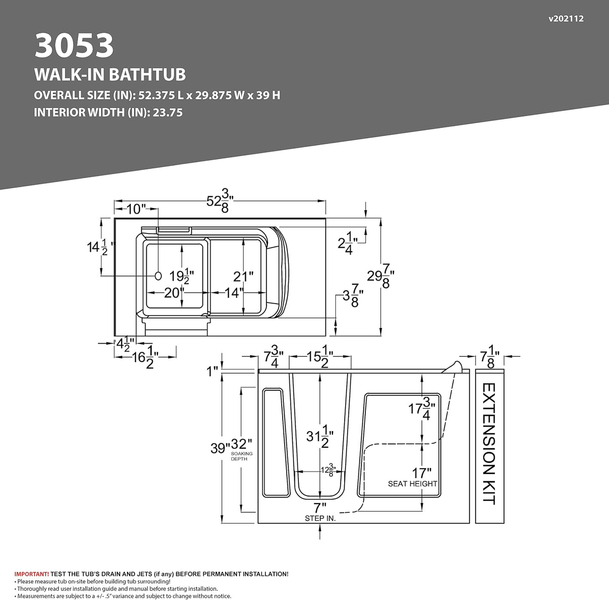 ANZZI Walk In Tub, 30 X 53 In, Left Drain, Air & Whirlpool Jets, 110v