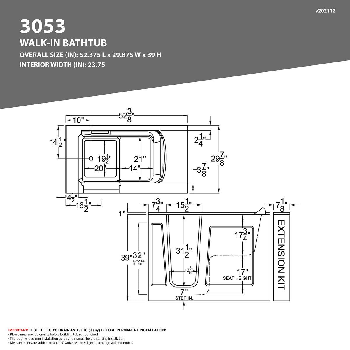 ANZZI Walk In Tub, 30 X 53 In, Left Drain, Air & Whirlpool Jets, 110v