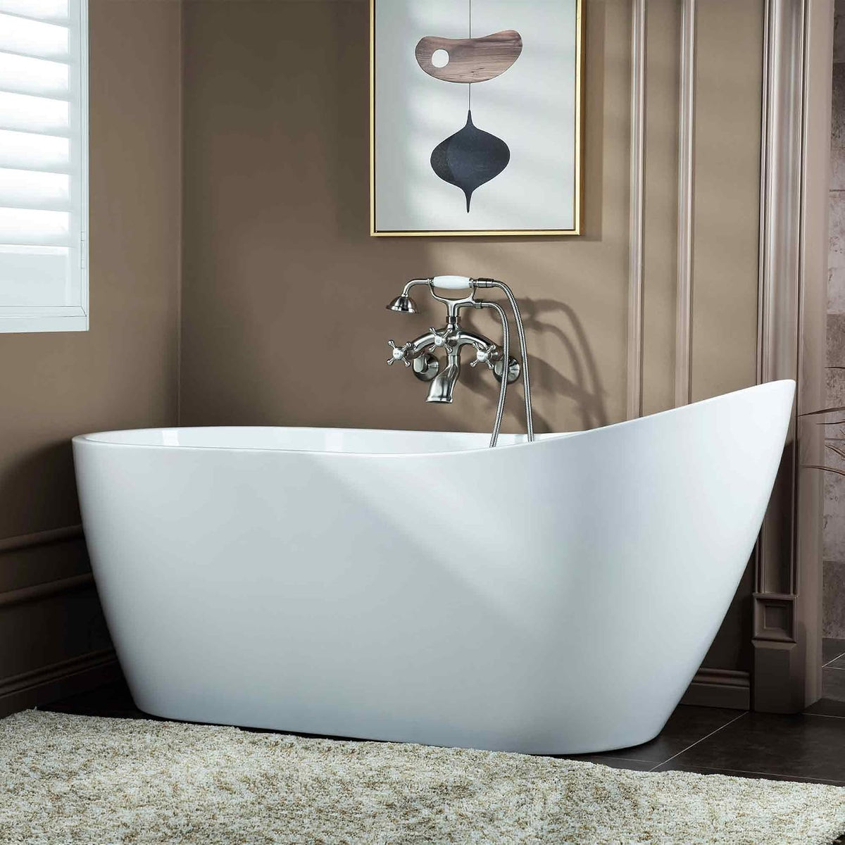 WOODBRIDGE 67" Acrylic Freestanding Bathtub Contemporary Soaking White Tub with Chrome Overflow and Drain