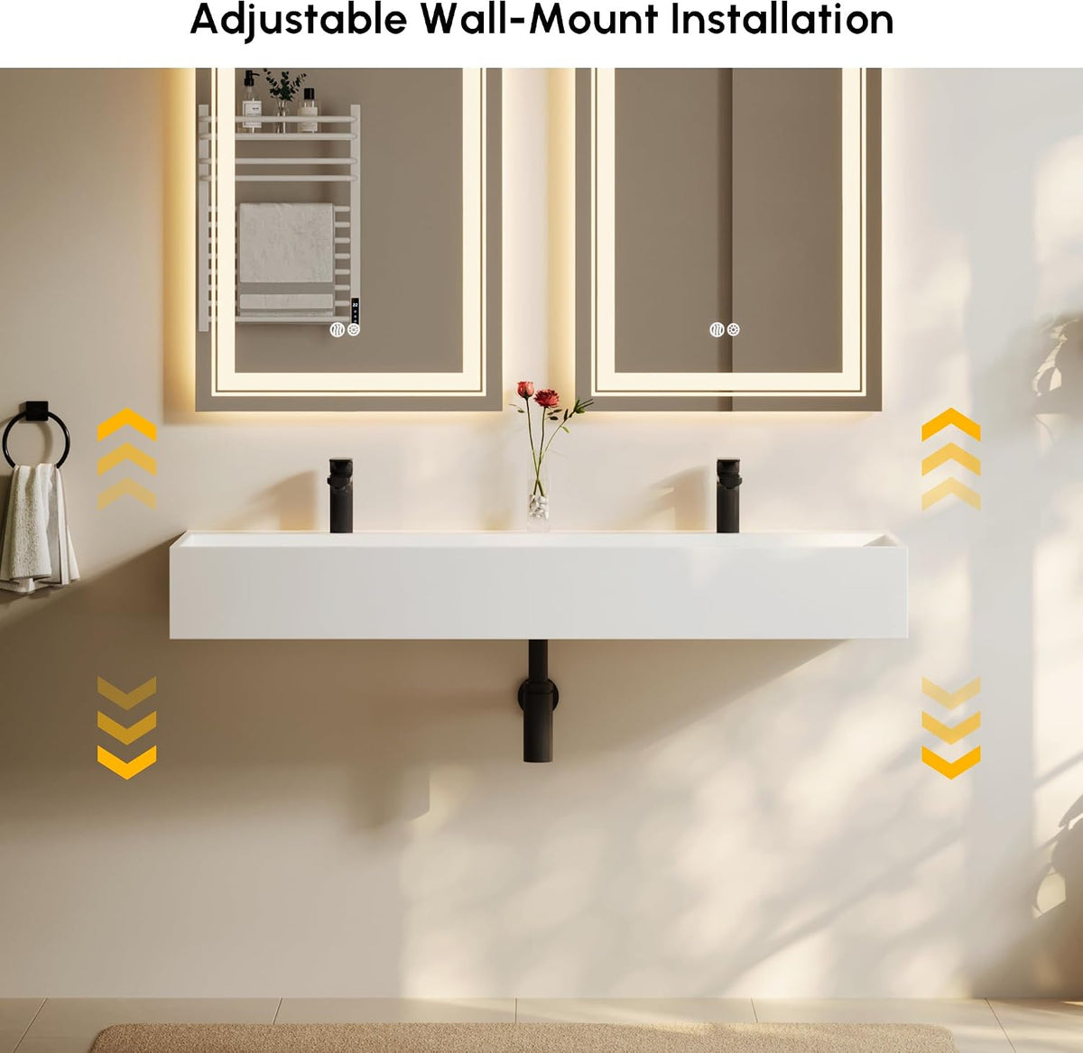 47'' Bathroom Vessel Sink Double-Bowl Bathroom Sink Wall Mounted Trough Floating Sink in Matte White