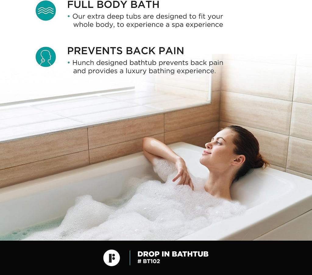 Fine Fixtures Drop In White Soaking Bathtub, Fiberglass Acrylic Material, 60"L x 32"W x 19"H
