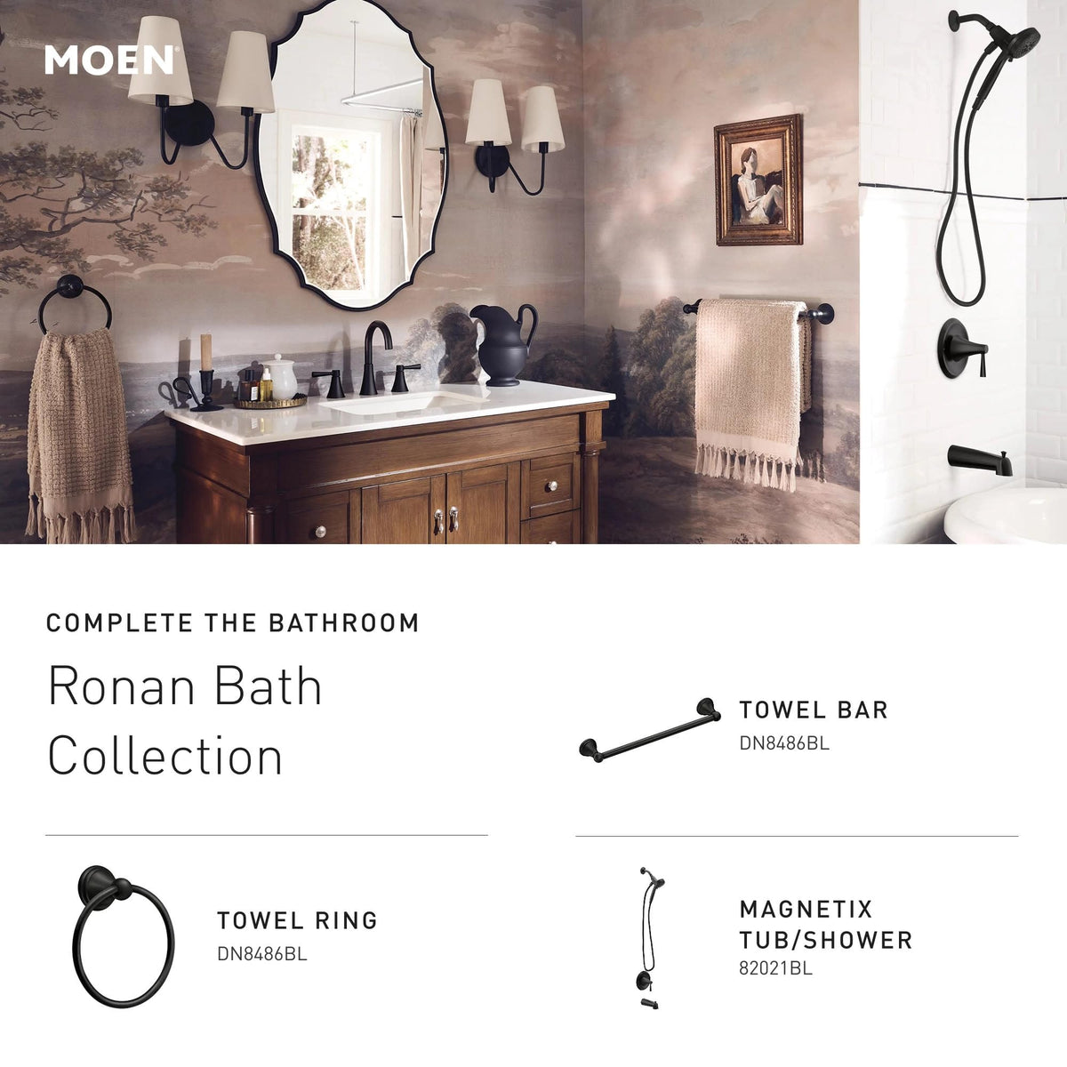 Moen Ronan Matte Black Double Bend Single Hole Modern Bathroom Sink Faucet with Optional Deckplate and Spring Loaded Drain Assembly, 84024BL