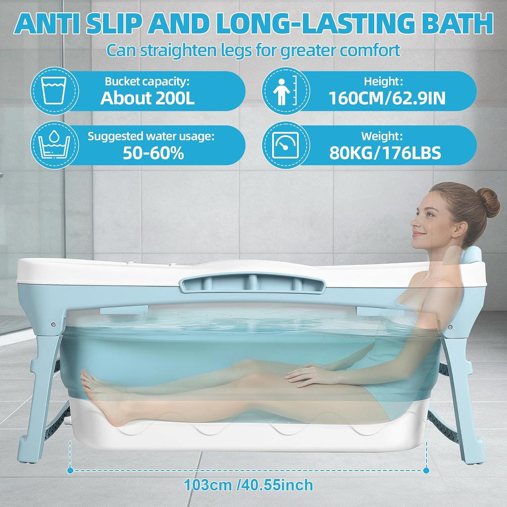 51" Large Foldable Bathtub for Adult[No Installation] - Portable Bathtub for Shower Stall | Collapsible Bath Tub with Dual Drains for Shower | Bathroom Freestanding Bathtubs | Ice Hot Bath Tubs