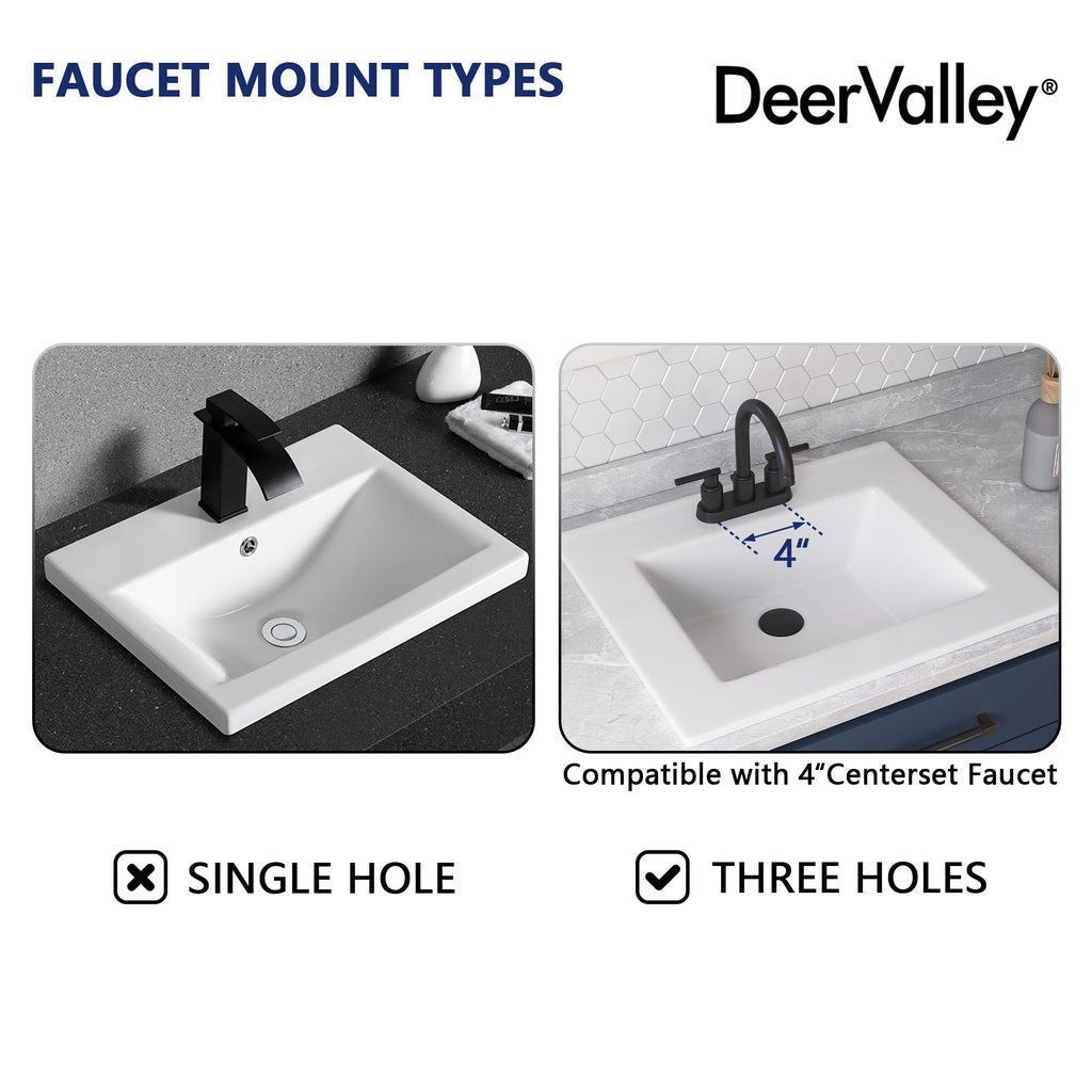 DeerValley Drop In Bathroom Sink White 21"x18" Rectangle Sleek 3-Hole Basin