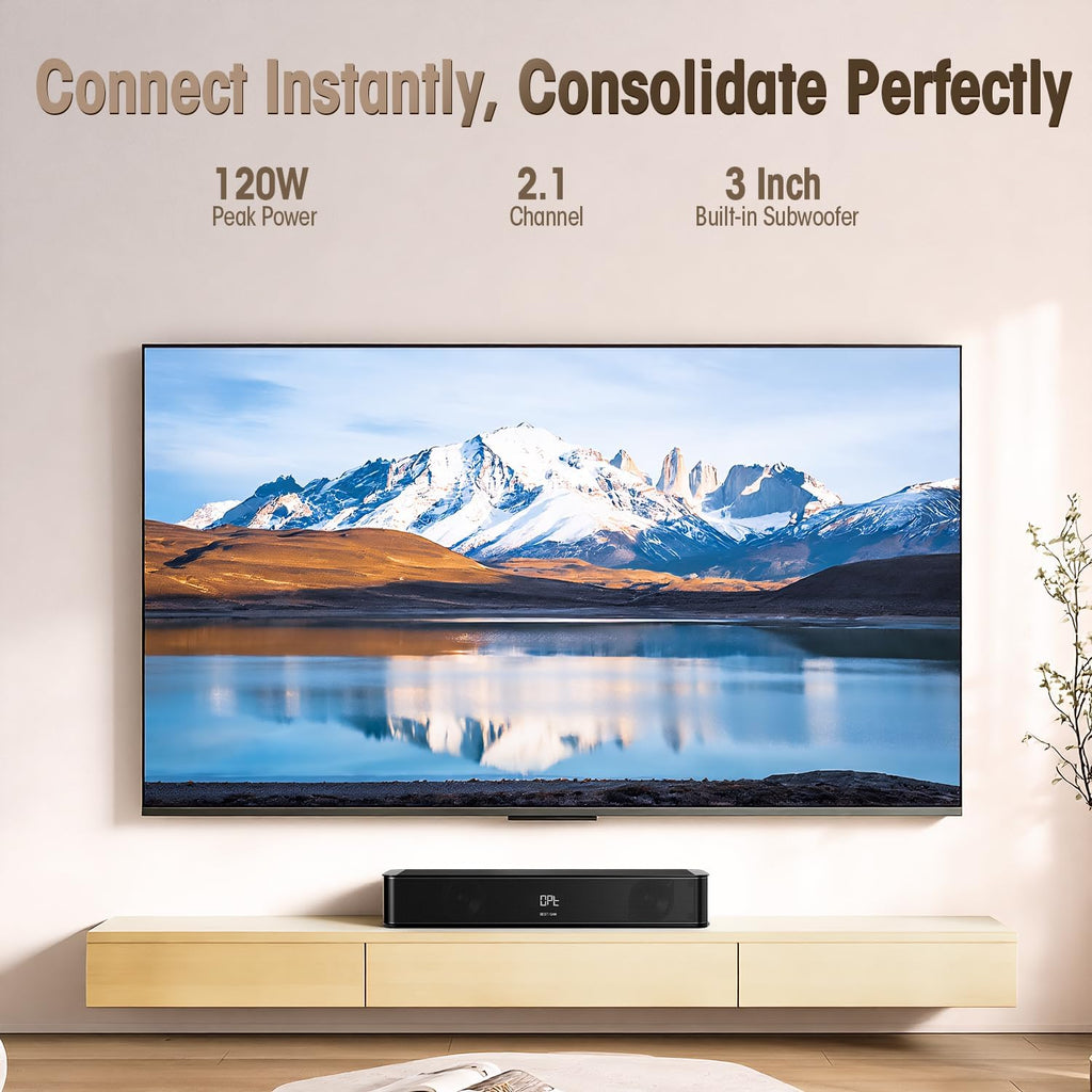BESTISAN 2.1ch Sound Bar with Built-in Subwoofer, 120W Peak Power, HDMI ARC/Opt/AUX/USB/Bluetooth 5.3, 3 EQ Modes & Volume Boost, 16.5" All-in-One for TV/PC/Gaming/Projector