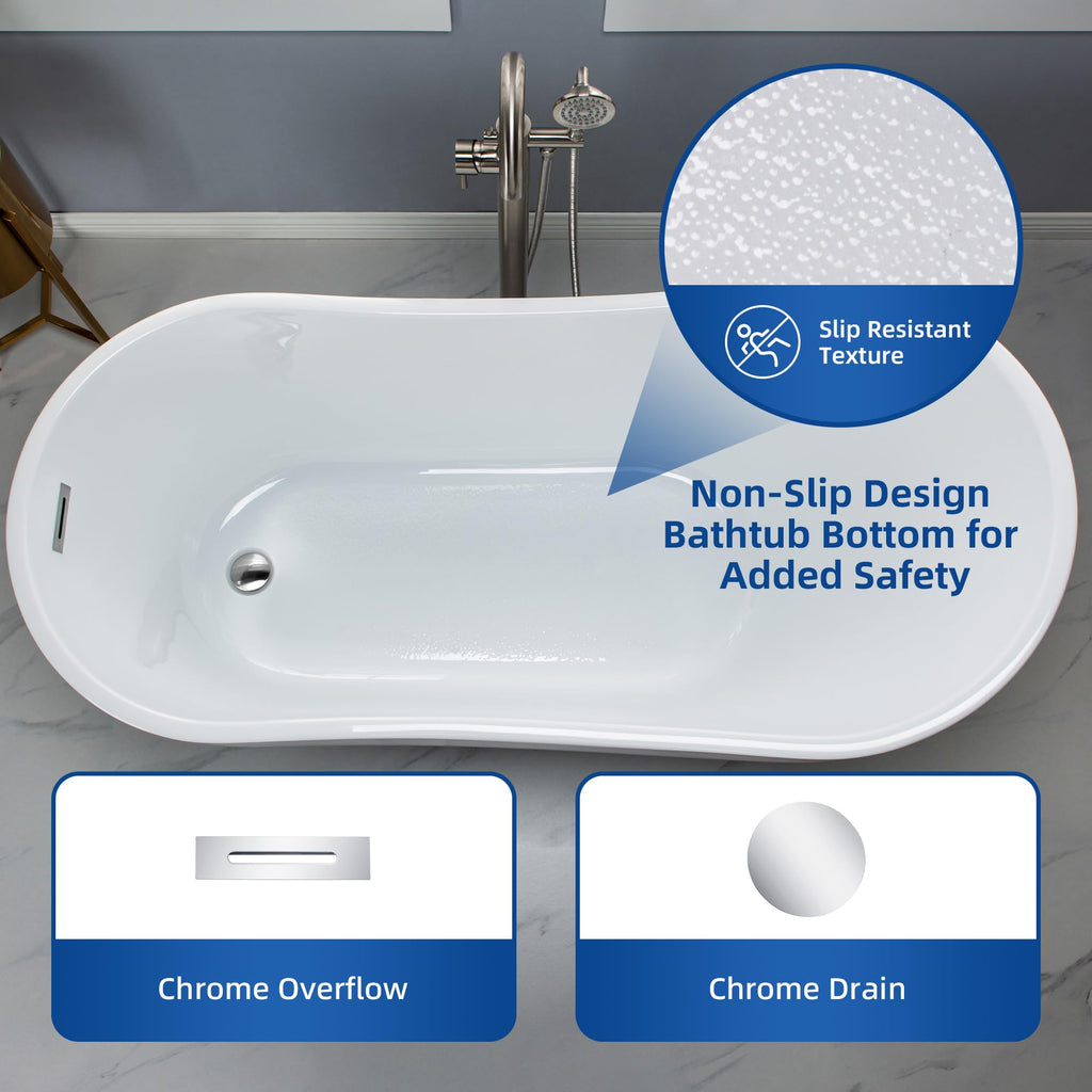 WOODBRIDGE 54"Freestanding White Acylic Soaking Bathtub with Brushed Nickel Drain and Overflow,BTA1507 -B/N-Drain &O