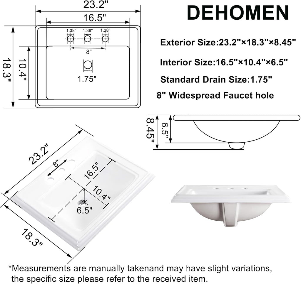 23" Drop-in Bathroom Sink with 8" Widespread 3 Hole Ceramic Basin