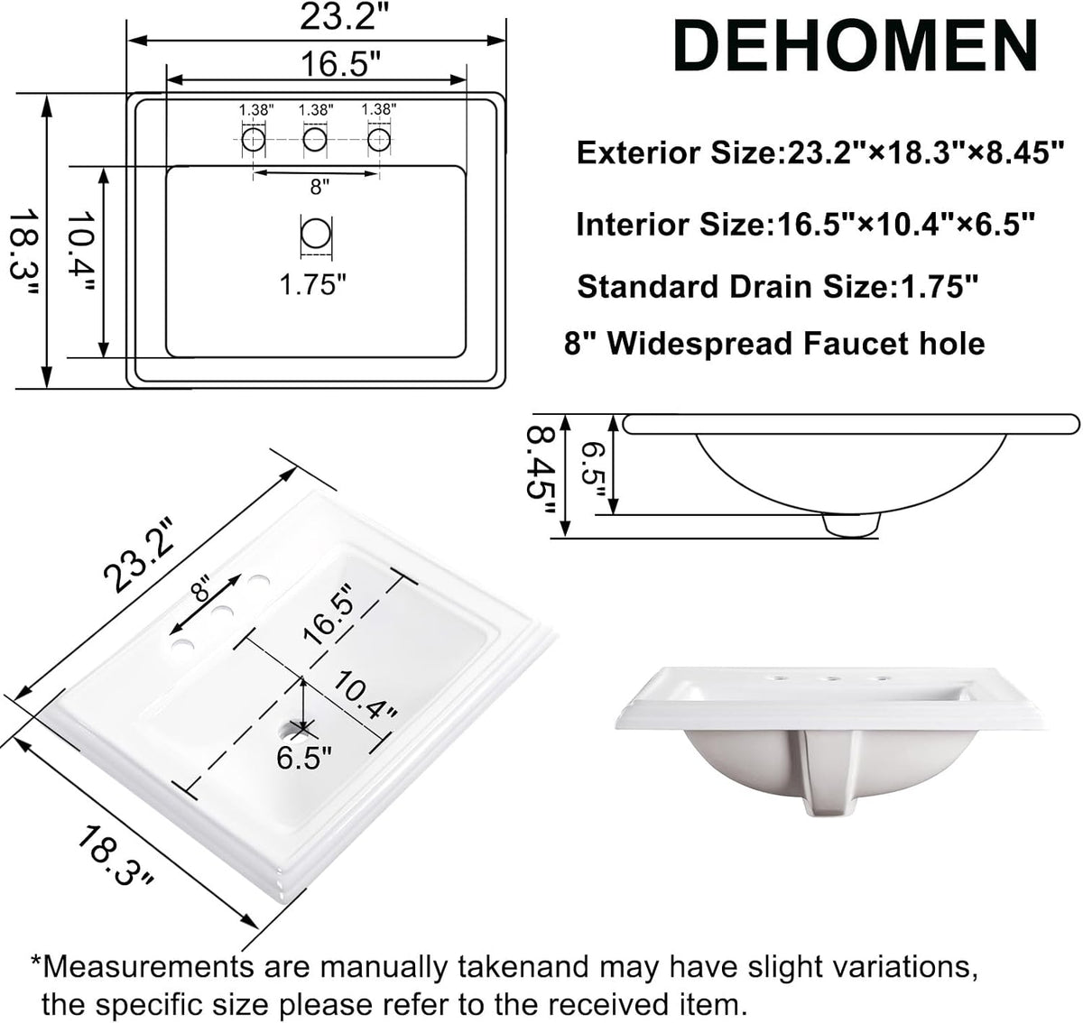 23" Drop-in Bathroom Sink with 8" Widespread 3 Hole Ceramic Basin