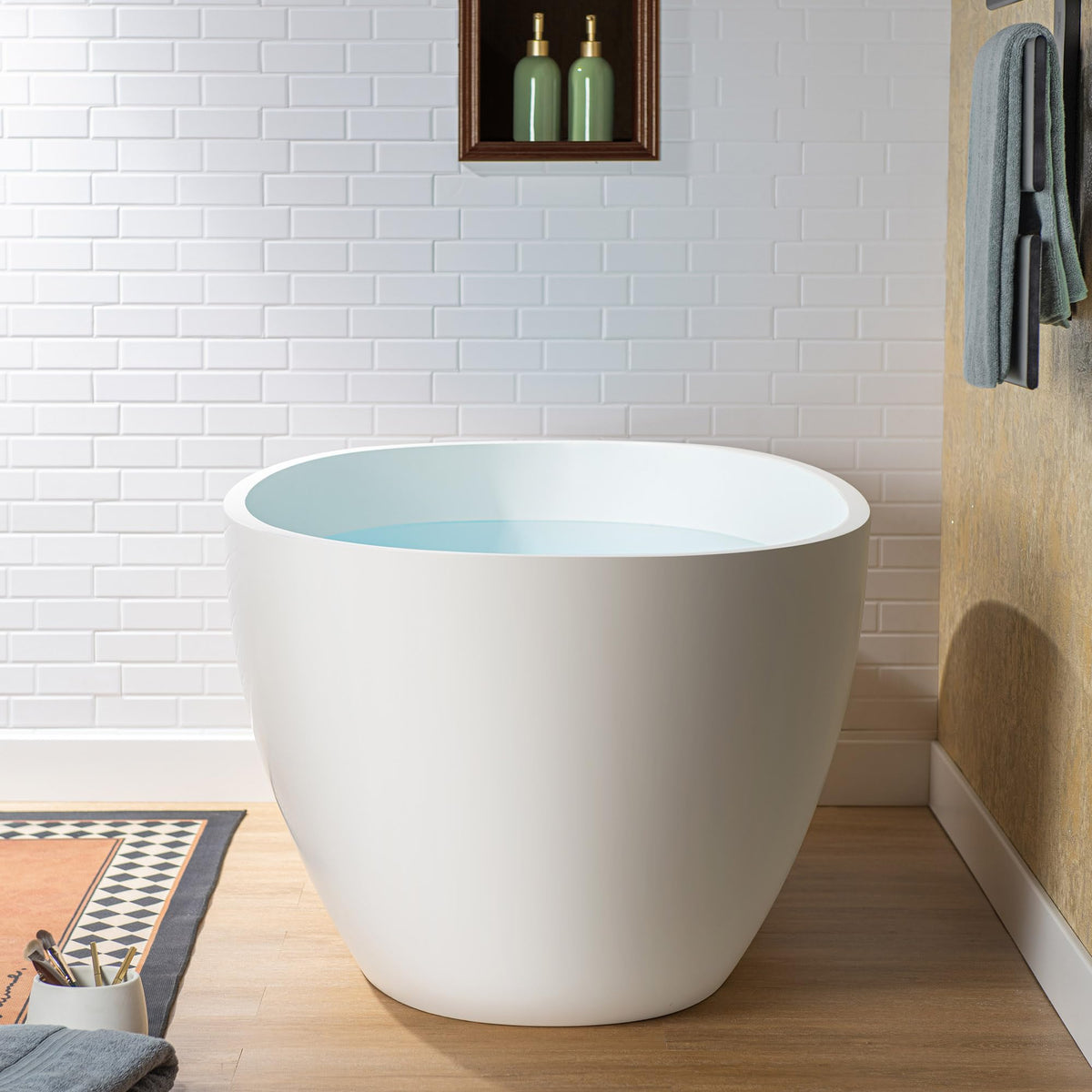 WOODBRIDGE 61" Stone Resin Freestanding Soaking Tub, Modern Oval Solid Surface Bathtub with Integrated Slotted Overflow & Drain, Matte White