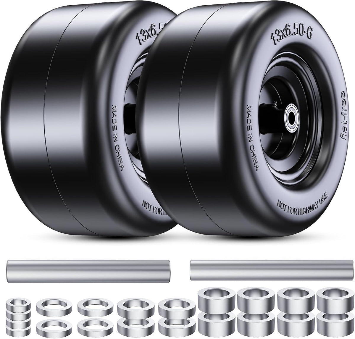 13x6.50-6" Flat Free Lawn Mower Tires, Universal Fit Solid Front Tires for Zero Turn Mowers, Adjustable Hub with 3/4" & 5/8" Bearings for Residential & Commercial Use, 2 Pack, Large Bearing Design