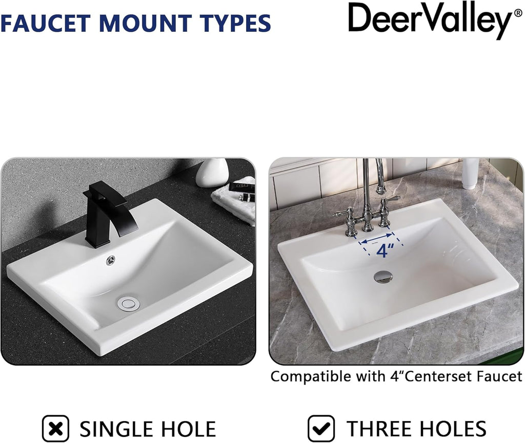 DeerValley Drop In Bathroom Sink White 21"x18" Rectangle Sleek 3-Hole Basin