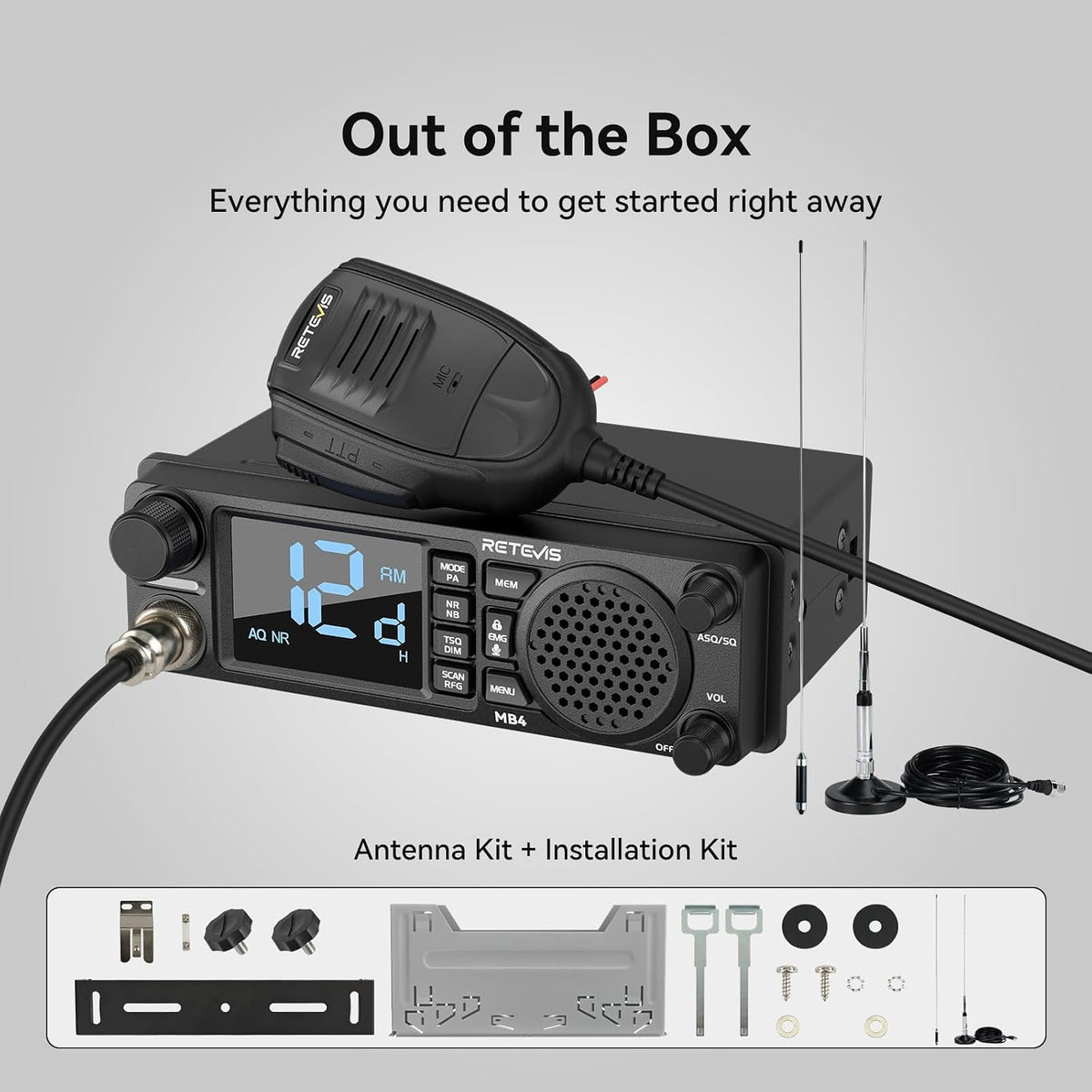 Retevis MB4 DIN Mount CB Radio kit with Antenna,External CB Speaker(1 Pack)
