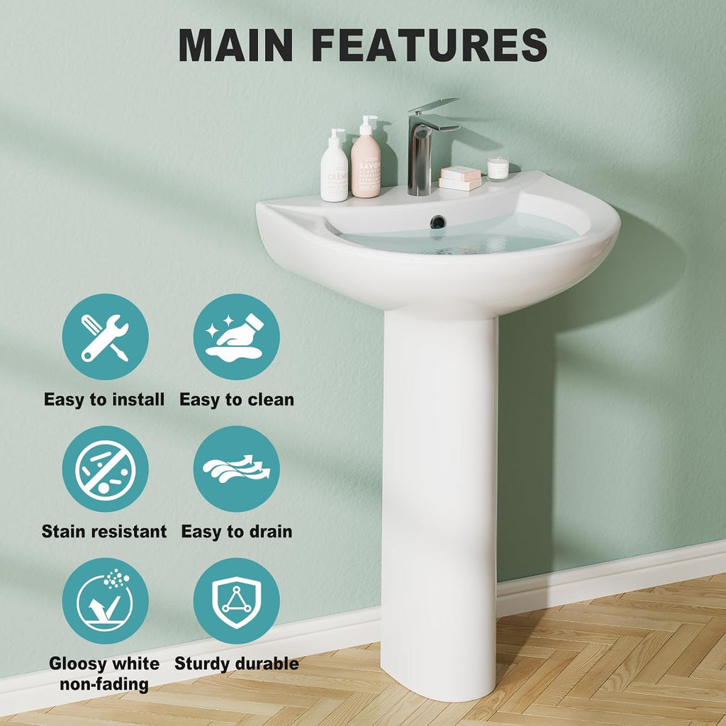 20"x17" Ceramic Pedestal Bathroom Sink with, Single Hole Faucet - Space-Saving Design for Half Baths & Rooms