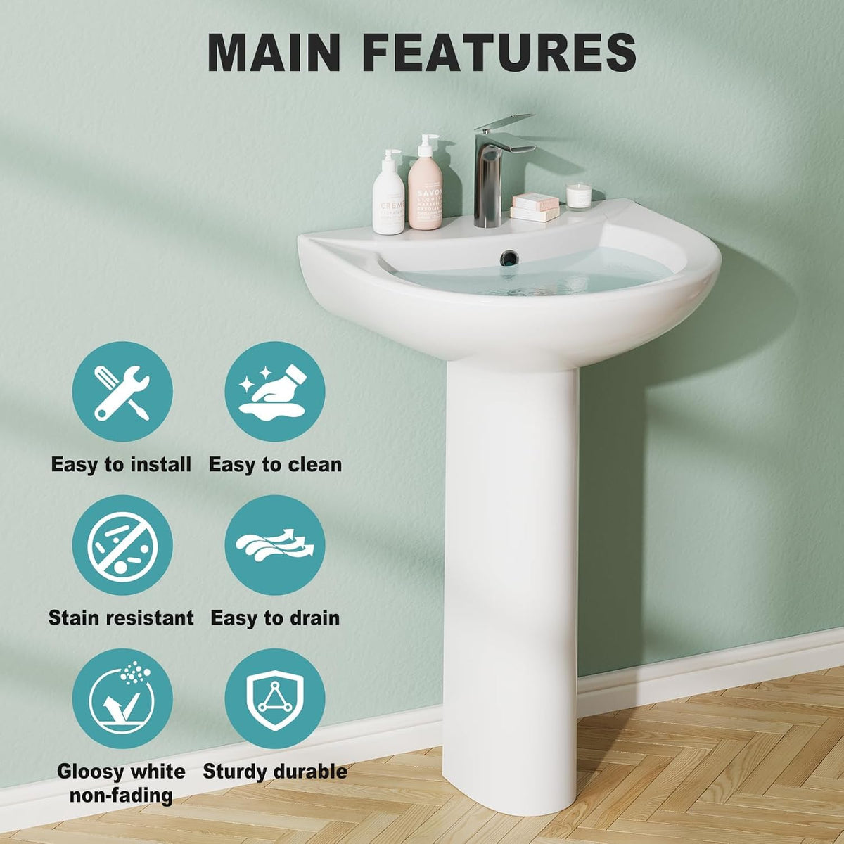 20"x17" Ceramic Pedestal Bathroom Sink with, Single Hole Faucet - Space-Saving Design for Half Baths & Rooms