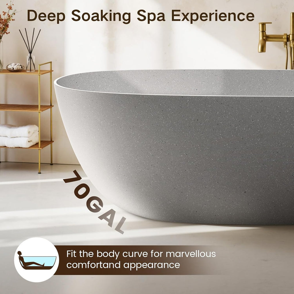 61''Stone Resin Freestanding Bathtub,Solid Surface Soaking Tub with Deep Bath Design, Modern Oval Free Standing Tub with Integrated Drain & Hidden Overflow, Starry Gray